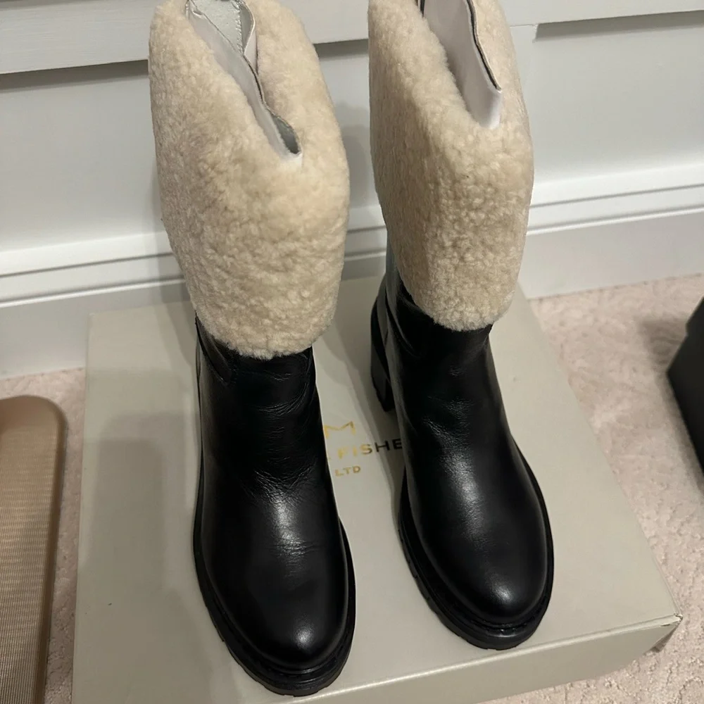 Marc Fisher Black and Cream Winter Rain Boots - Picture 1 of 9